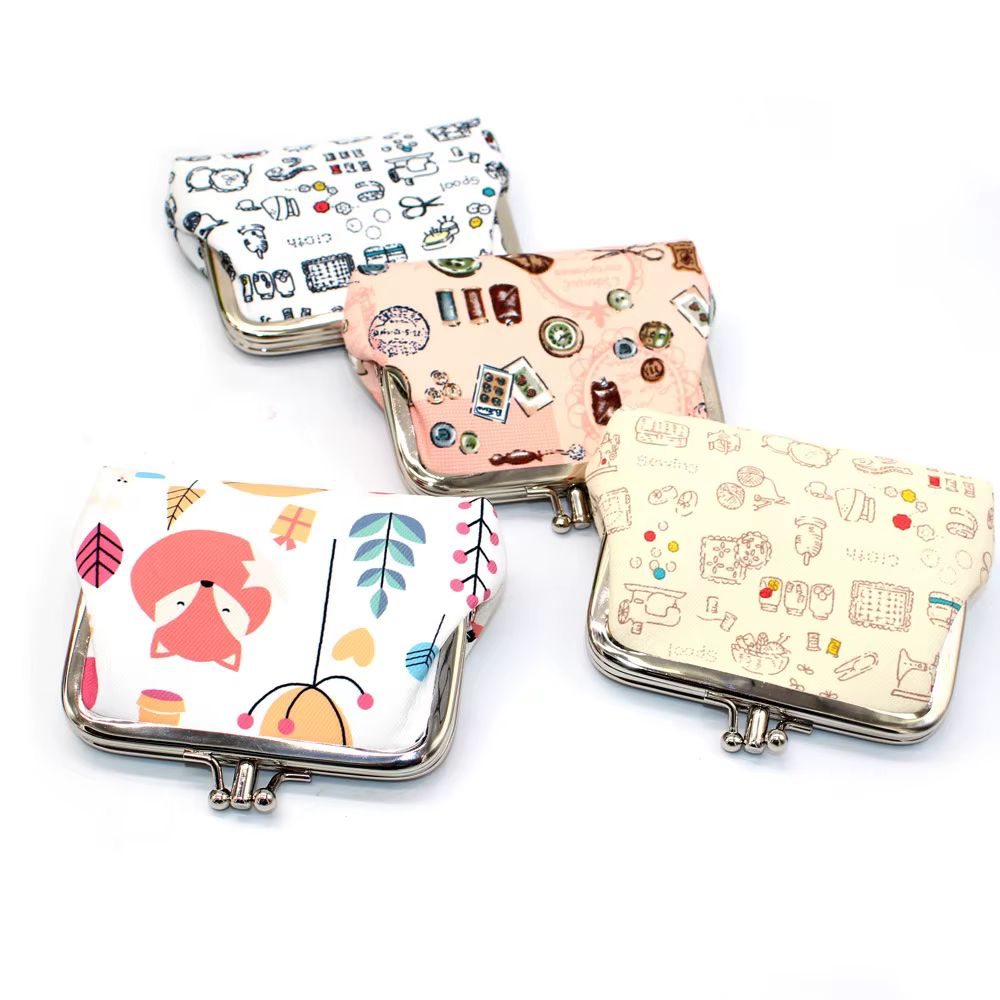Femmes porte-monnaie mignon fleur imprimé dames Mini sac sac à monnaie deux boutons en métal poche pochette
