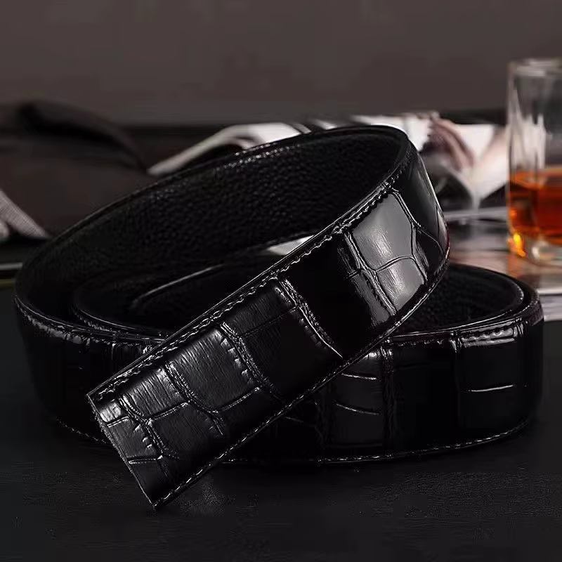 Ceintures à boucle automatique motif Crocodile pour hommes, en cuir véritable, à la mode, pour affaires, en cuir de vache pur
