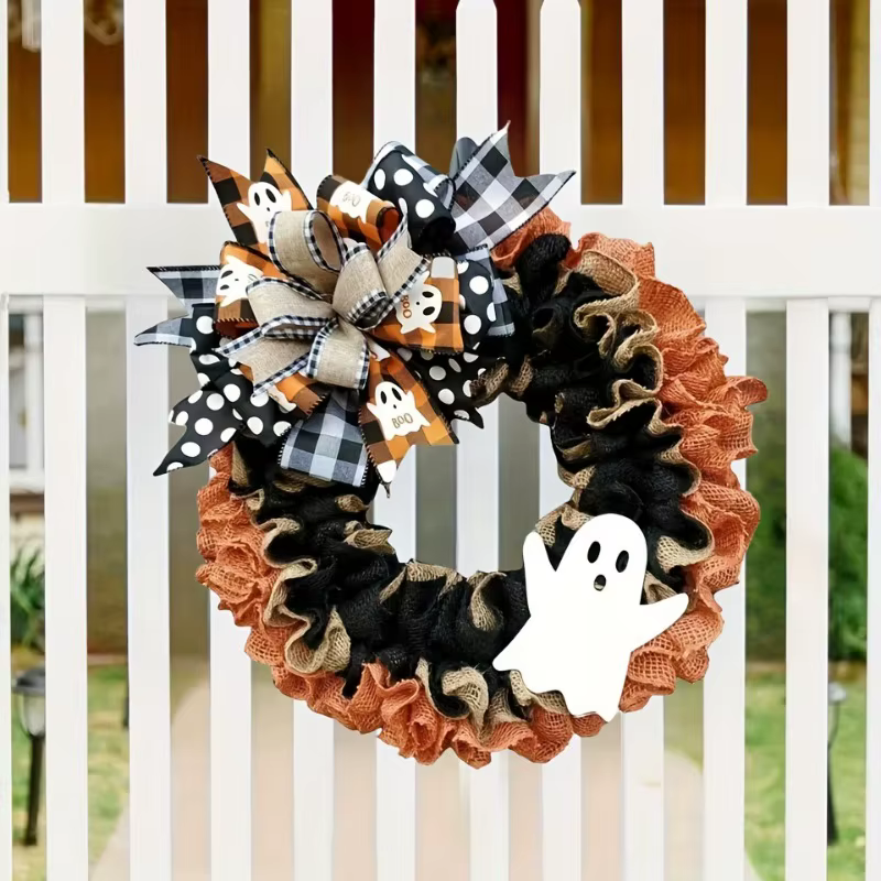 Fournitures de décoration d'halloween, couronne fantôme pour porte d'entrée, pendentif, couronne à nœud en tissu fantôme