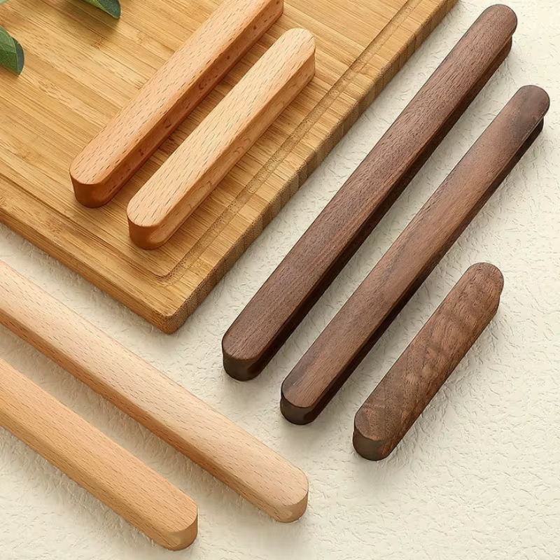 Poignées de porte de placard longues en bois, style moderne et minimaliste, finition noyer, pour cuisine, armoire, tiroir, meuble à chaussures, quincaillerie de mobilier