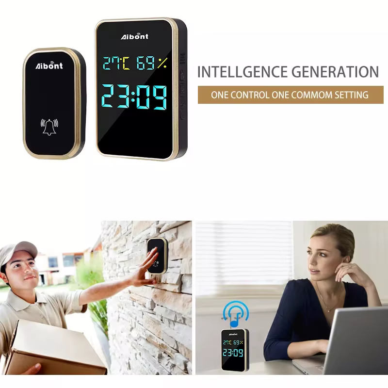 Sonnette sans fil auto-alimentée sans batterie, affichage température, humidité, heure, 433 MHz, sonnette de bienvenue pour maison et extérieur