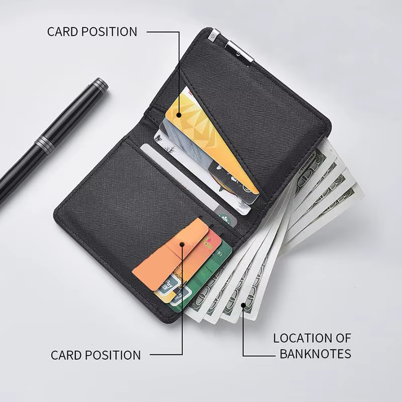 Portefeuille fin en similicuir noir de style professionnel avec plusieurs emplacements pour cartes