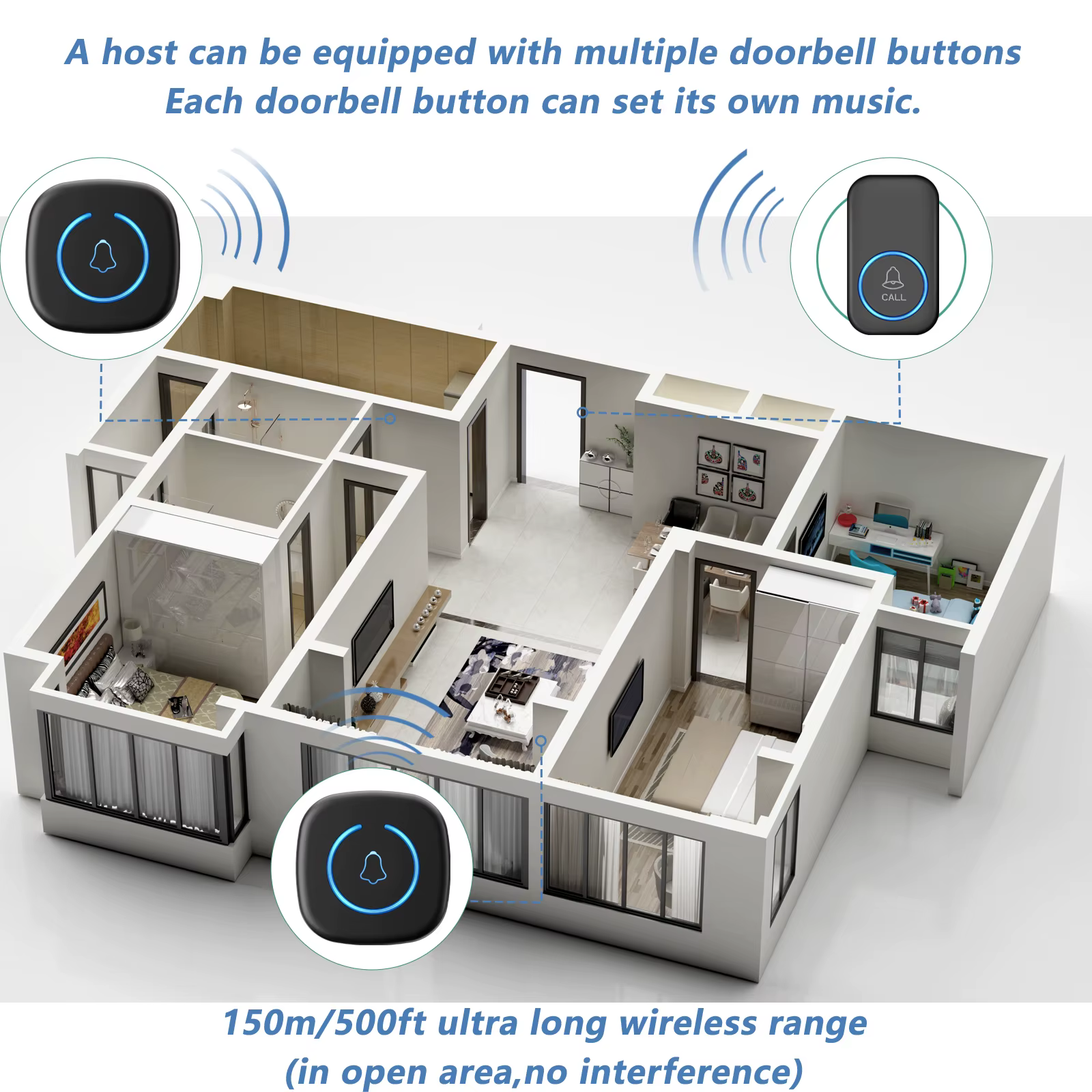 Sonnette de porte intelligente sans fil, 300M/984 pieds, télécommande 60 chansons, mélodies, sonnette intelligente pour la maison, prise US et ue en option