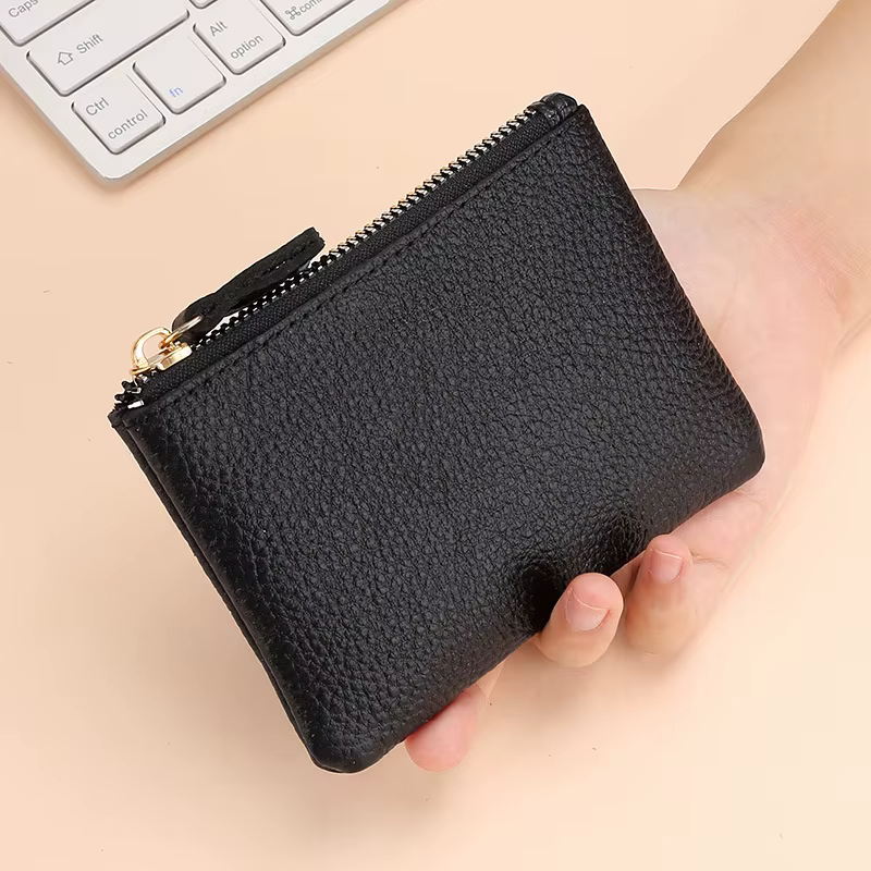 Porte-monnaie en cuir véritable noir pour hommes et femmes