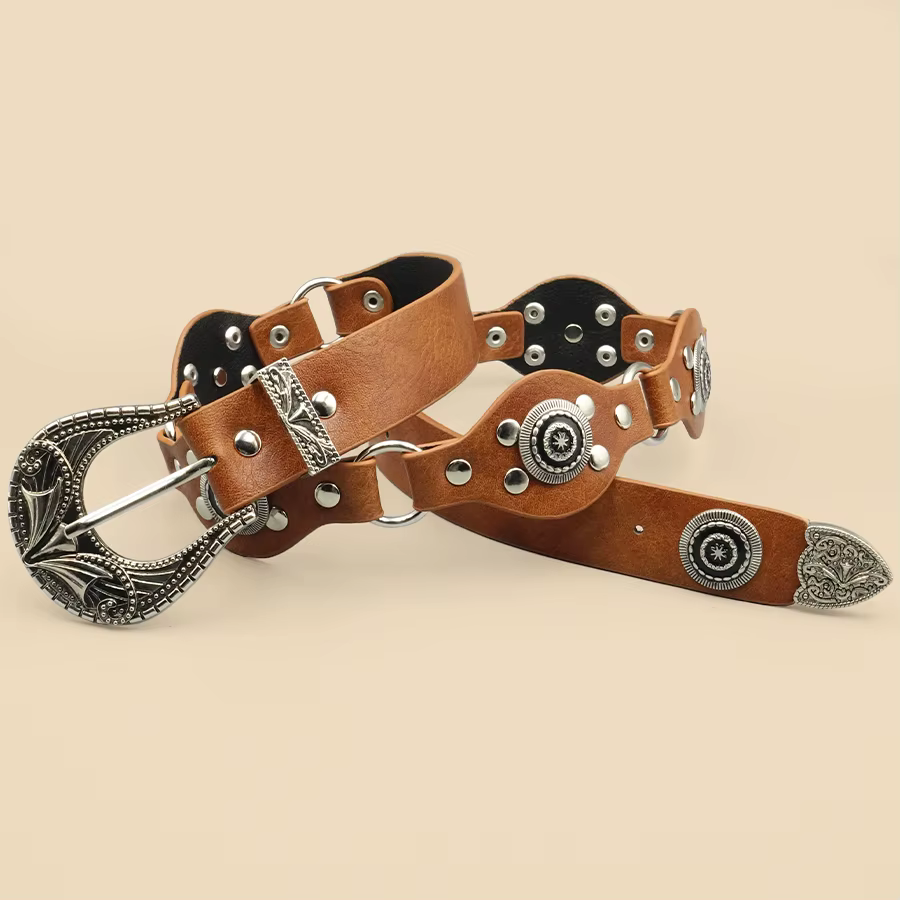 Ceinture femme vintage bohème marron – Design rivets sculptés