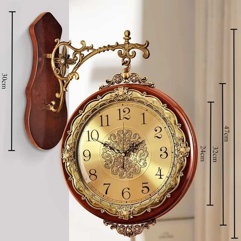 Horloge murale en bois Double face pour salon, décoration de chambre Vintage, montre murale de luxe, décoration silencieuse pour Hall d'entrée