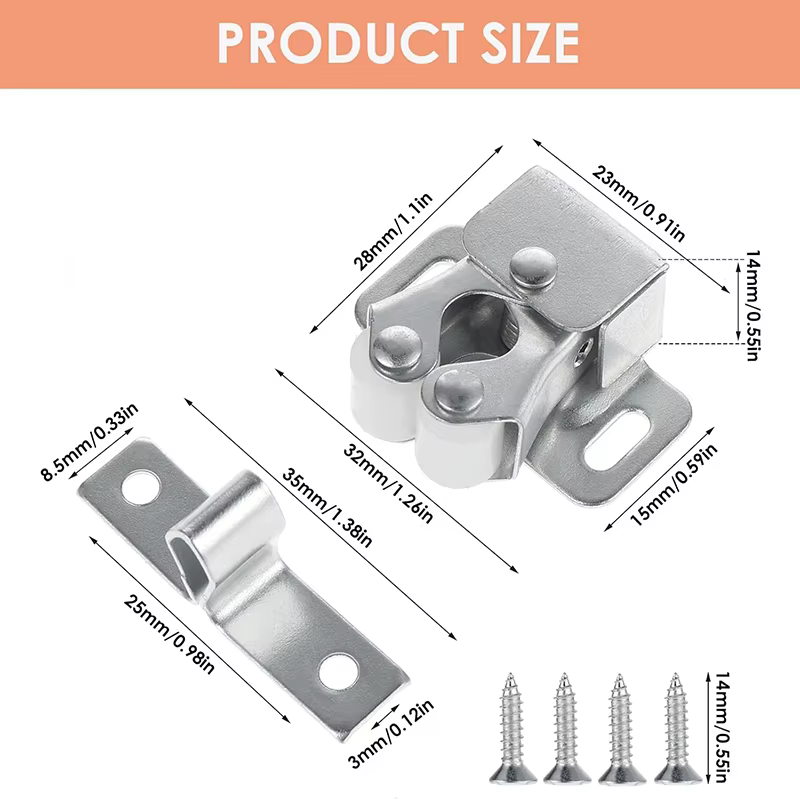 Lot de 4/6 loquets de porte à double rouleau pour armoire et placard, avec vis, pour cuisine et autres meubles