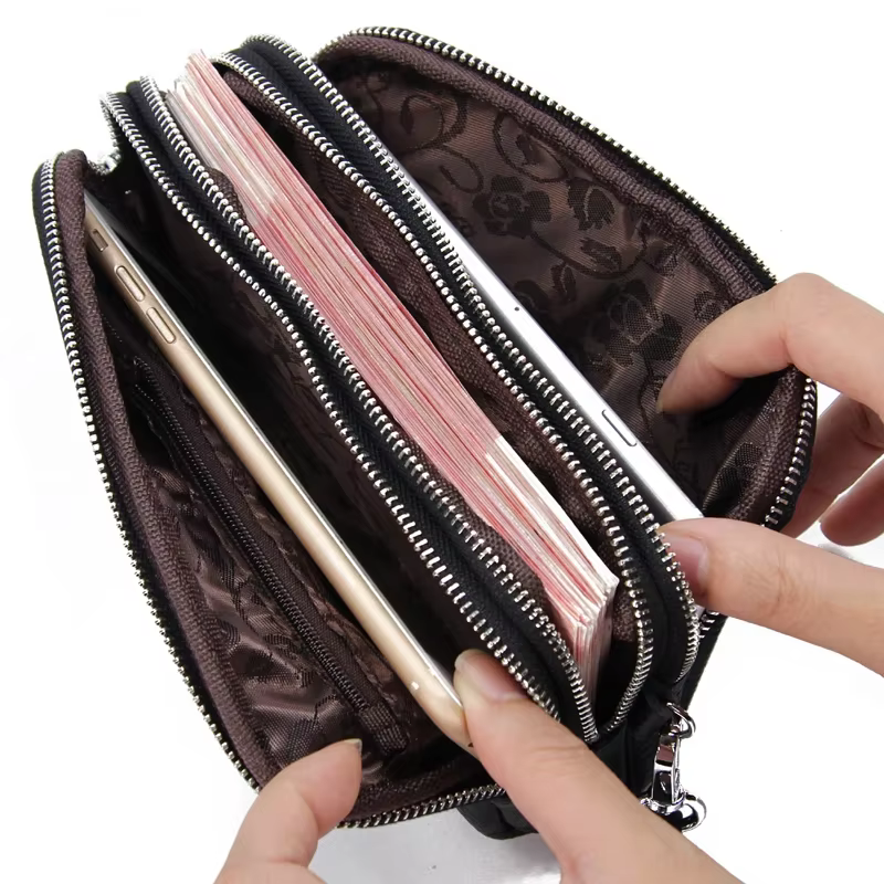 Femmes Long portefeuille en cuir véritable 3 couches fermeture éclair sac à main grande capacité bracelet pochette
