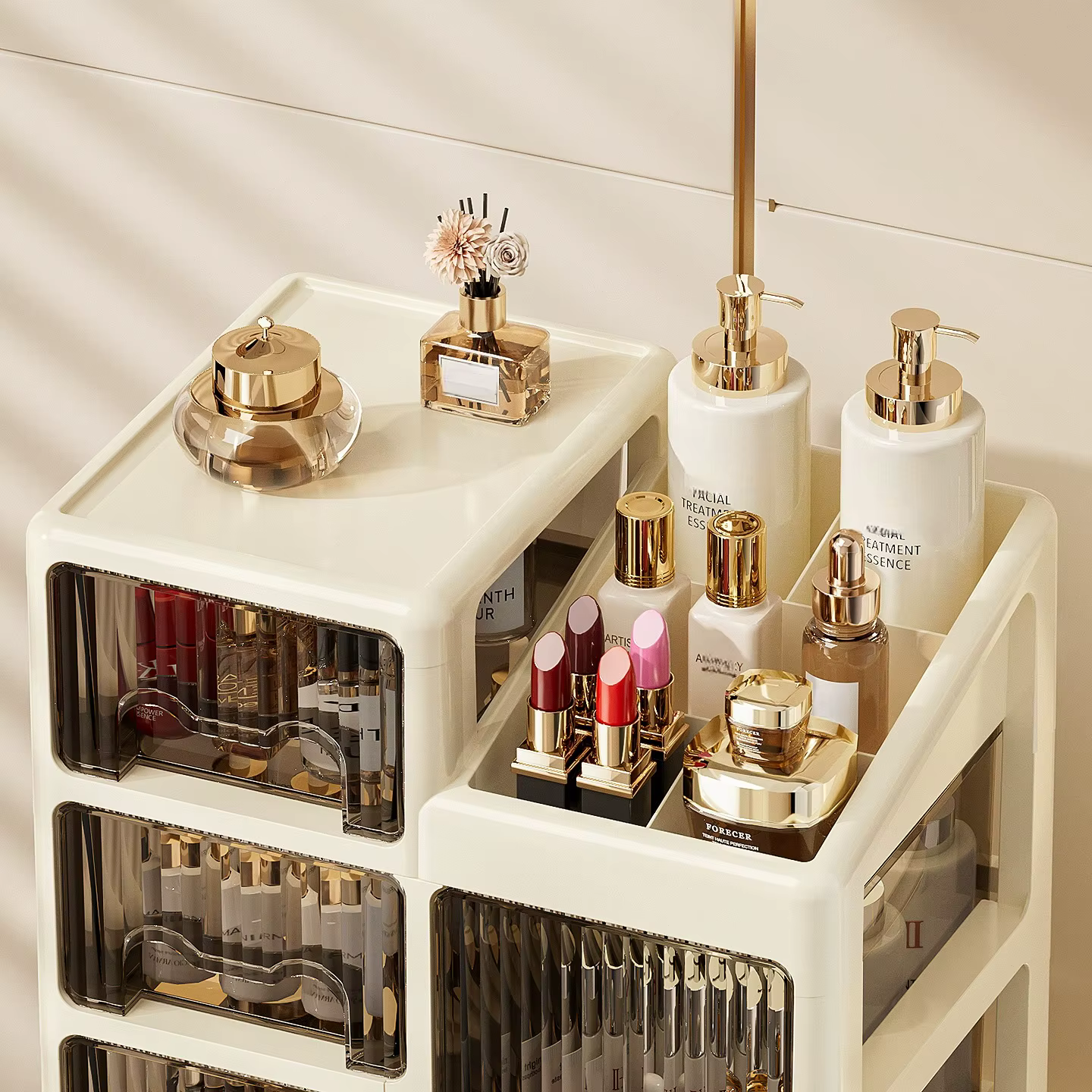 Boîte de rangement de cosmétiques de style tiroir, coiffeuse haut de gamme, rouge à lèvres, produits de soins de la peau, étagère à bijoux, boîte de rangement de bureau