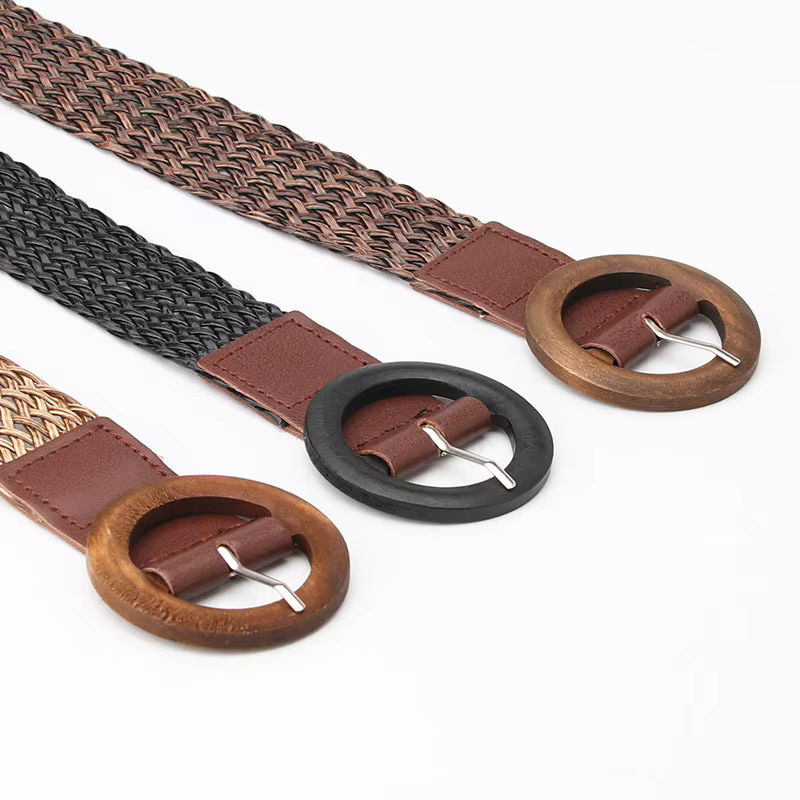 Ceinture de taille tressée noir café femme ceinture Vintage Boho ronde en bois boucle lisse fausse paille larges ceintures sangle de taille pour les femmes