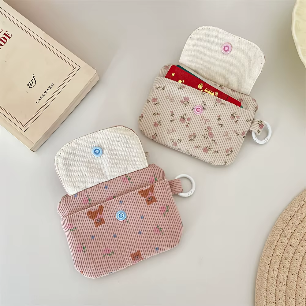 Porte-monnaie en velours côtelé, portefeuille pour femme, porte-cartes à fermeture éclair, pochette pour cartes bancaires et d'identité, trousse à maquillage pour rouge à lèvres