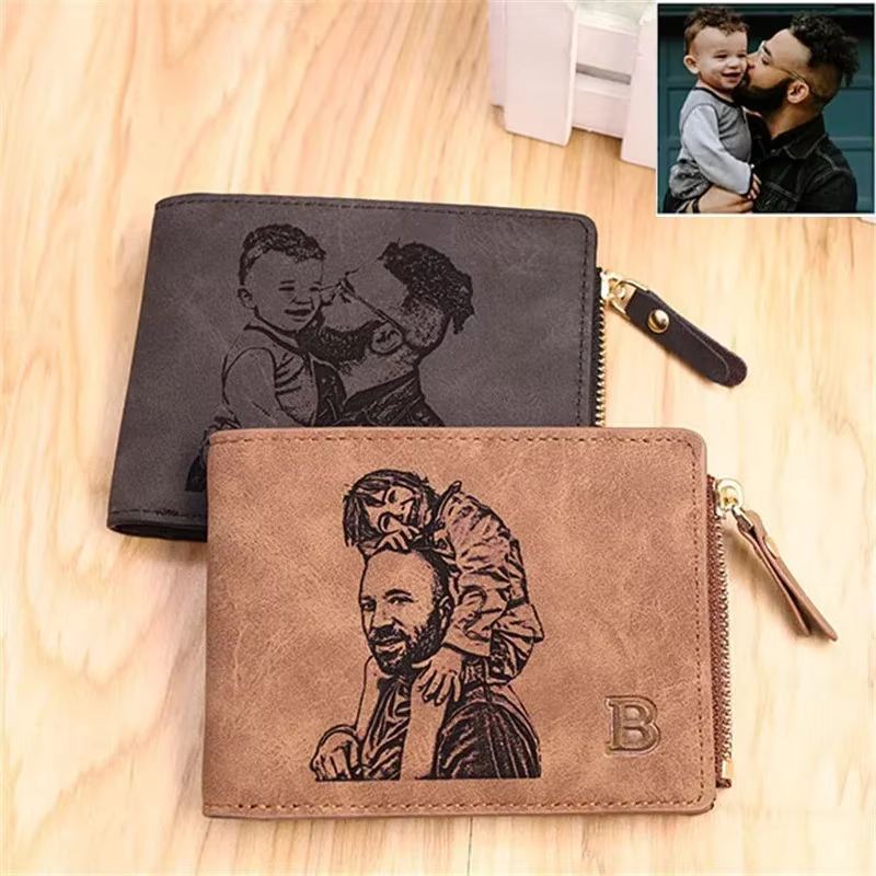 Portefeuille photo personnalisé pour hommes, image et texte gravés, cadeau de fête des pères, poche pour pièces de monnaie à fermeture éclair | Meilleur cadeau de Noël pour mari/pai