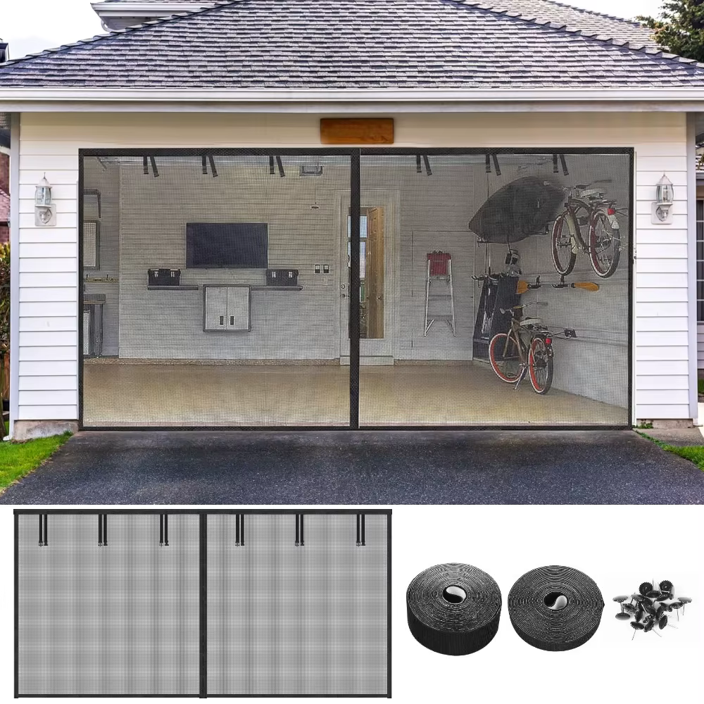 Rideau de porte de garage noir à fixation magnétique, anti-moustiques et anti-poussière, grand rideau de porte à double ouverture, sans perçage requis