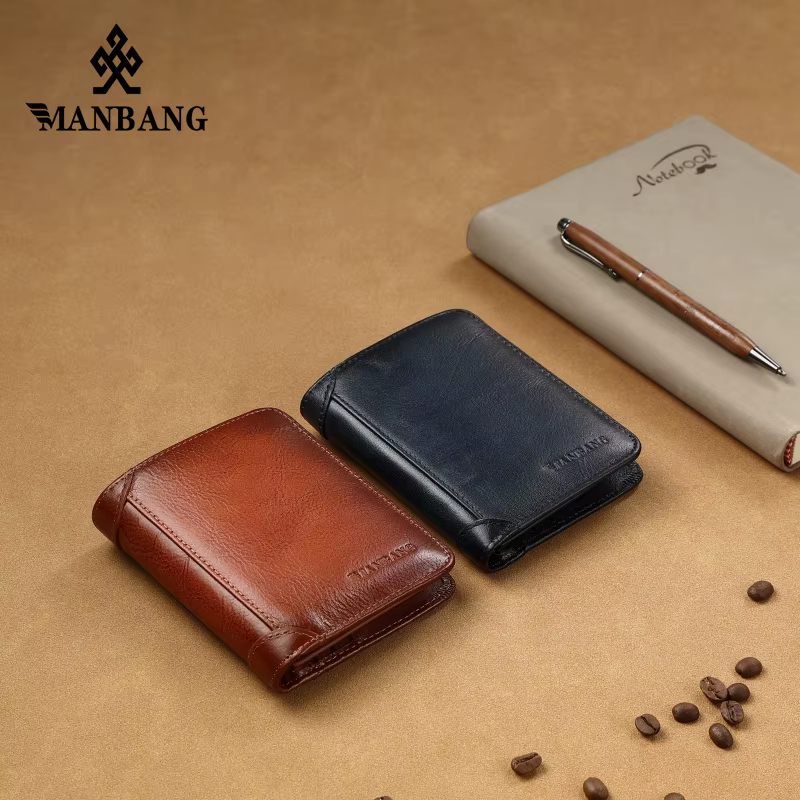 Manbang – portefeuille à trois volets en cuir véritable pour homme