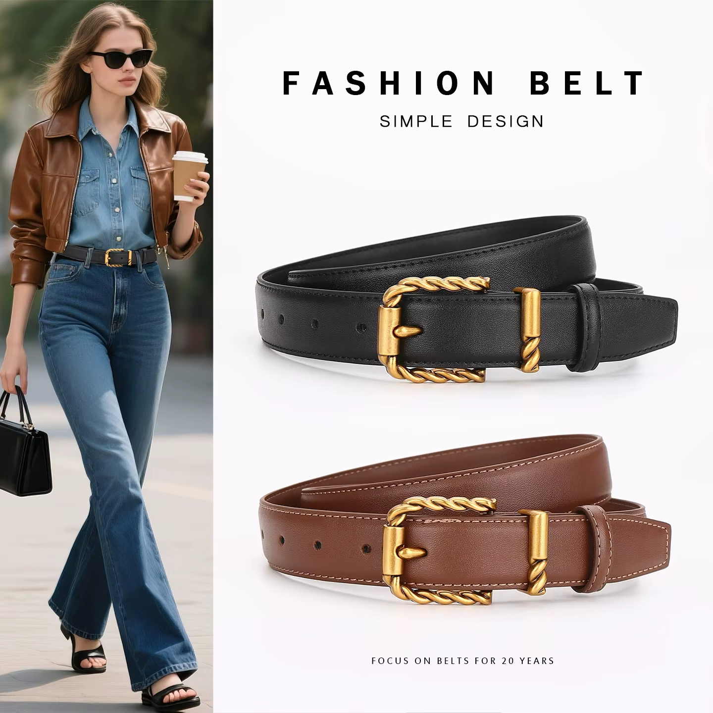Ceinture en cuir de qualité supérieure pour femme avec boucle à ardillon, ceinture décorative noire polyvalente et élégante pour les affaires et les trajets quotidiens