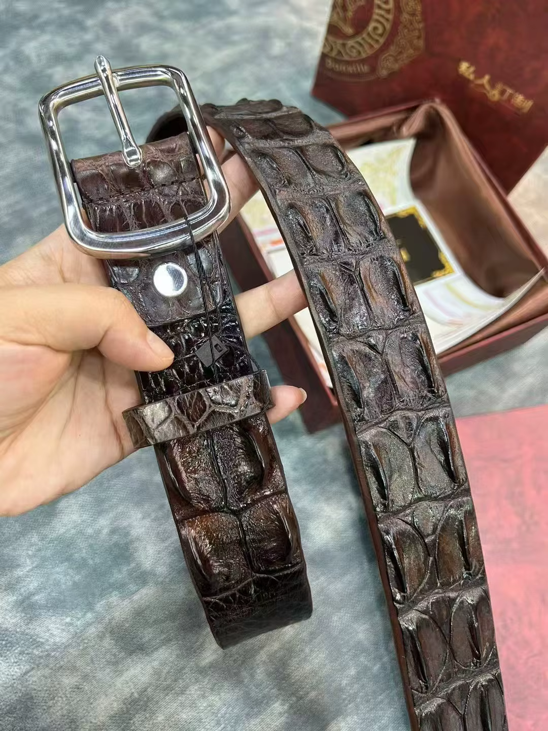 Ceinture pour homme en véritable peau de crocodile avec boucle en acier inoxydable