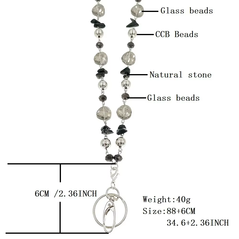 Lanières de Badge en perles de verre noires, porte-collier à la mode avec porte-carte d'identité, porte-clés pour enseignants, infirmières, mères, cadeaux