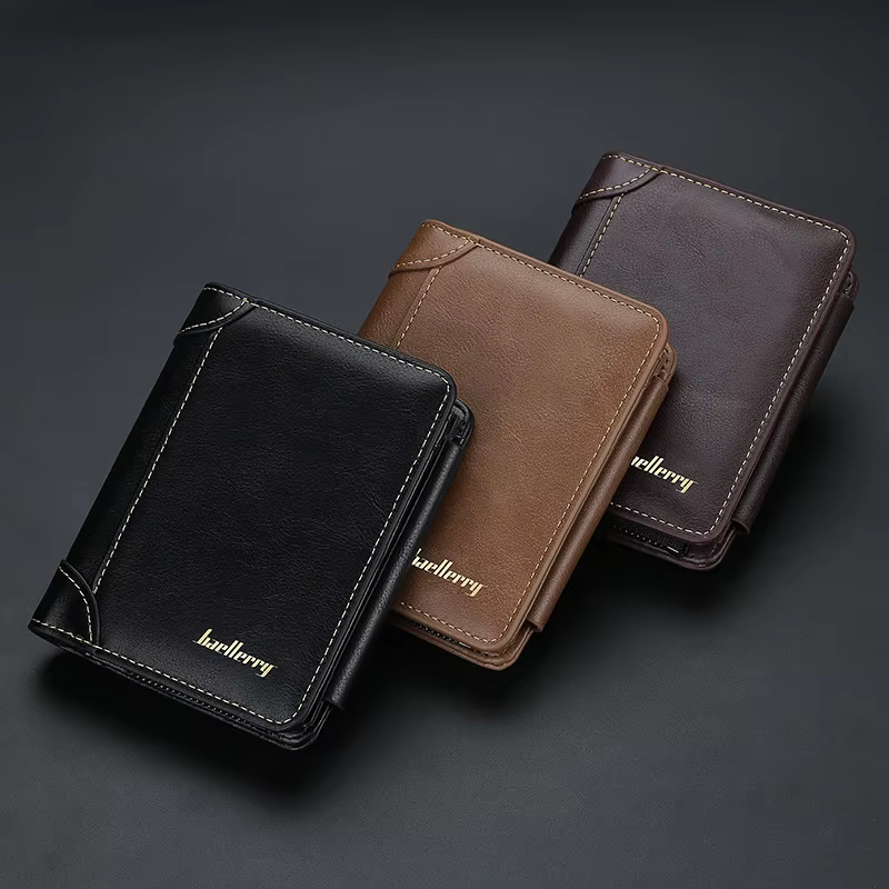 Portefeuille pour homme Baellerry en cuir PU avec fermeture éclair de haute qualité, porte-monnaie vintage, design court, porte-cartes, sac à main pour homme
