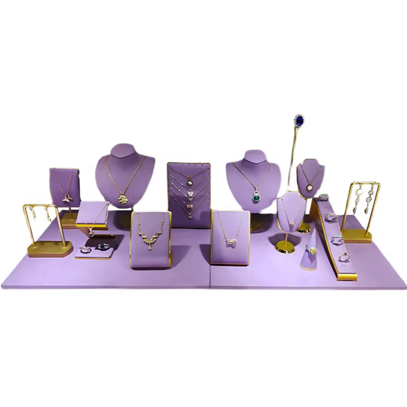 Présentoir de bijoux en métal, accessoires d'organisateur en velours violet, support de bagues, colliers et bracelets pour éposée commerciale, rangement de fenêtre de magasin