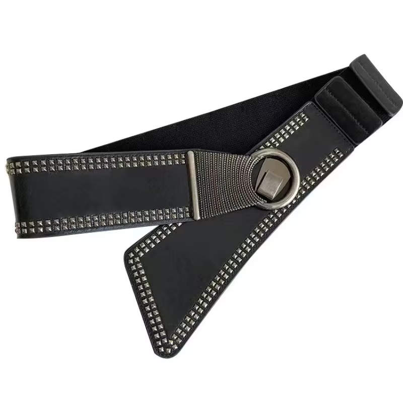 Ceinture large pour femmes avec rivets de style punk pour une utilisation polyvalente avec des robes ; élastique et tendance.