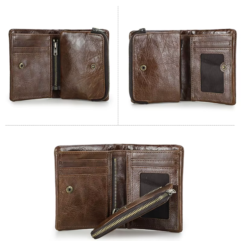 CONTATC'S-Portefeuille court en cuir véritable pour homme, portefeuille à deux volets RFID, porte-cartes de crédit, fermeture éclair de luxe, petit porte-monnaie masculin, nouveau