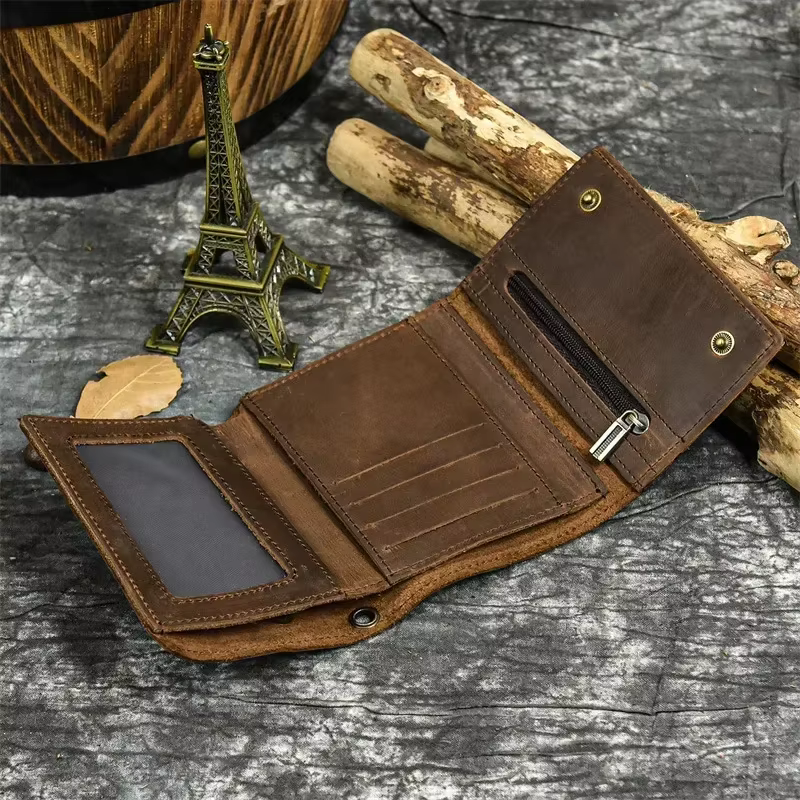 2025 hommes en cuir véritable court portefeuille avec chaîne fermeture éclair pochette portefeuilles mâle