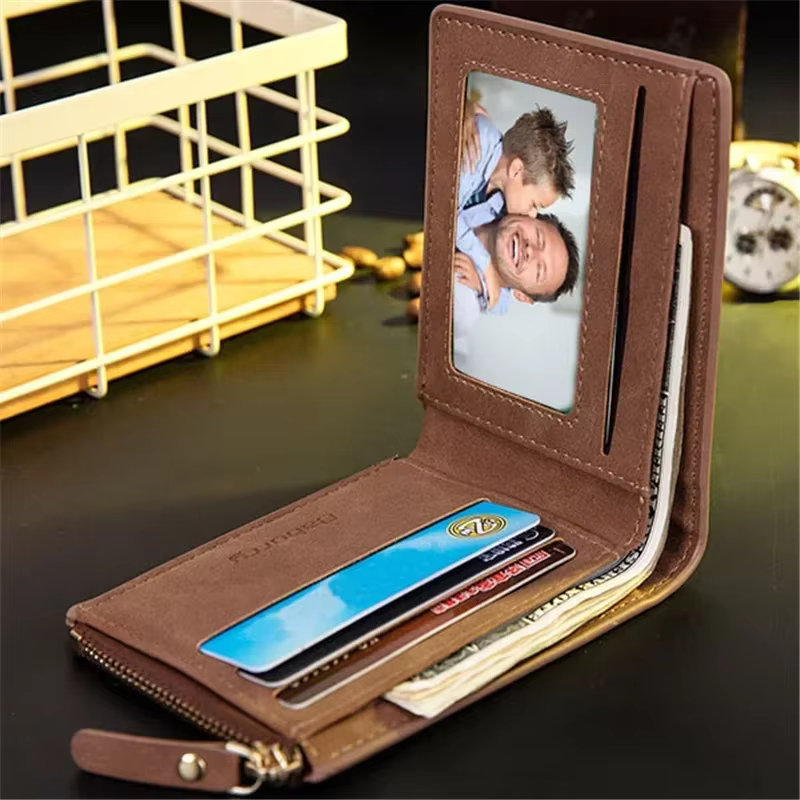 Portefeuille photo personnalisé pour hommes, image et texte gravés, cadeau de fête des pères, poche pour pièces de monnaie à fermeture éclair | Meilleur cadeau de Noël pour mari/pai