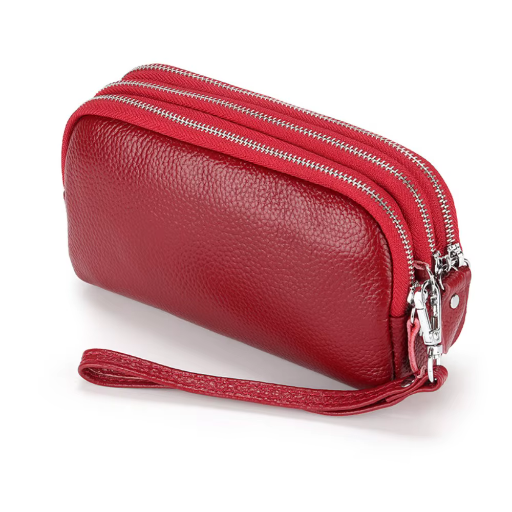 Femmes Long portefeuille en cuir véritable 3 couches fermeture éclair sac à main grande capacité bracelet pochette
