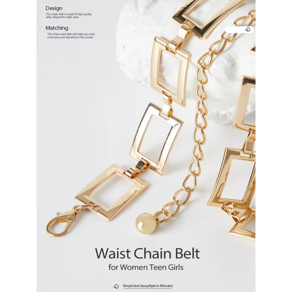 Ceinture à chaîne carrée pour femmes, chaîne de taille en métal, ceintures à chaîne à la mode pour robe or et argent