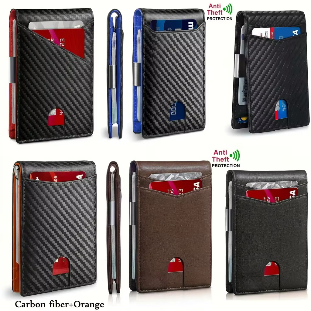 Portefeuille fin en fibre de carbone pour homme, blocage RFID, porte-cartes minimaliste, pince à billets en métal, portefeuille fin à double pli