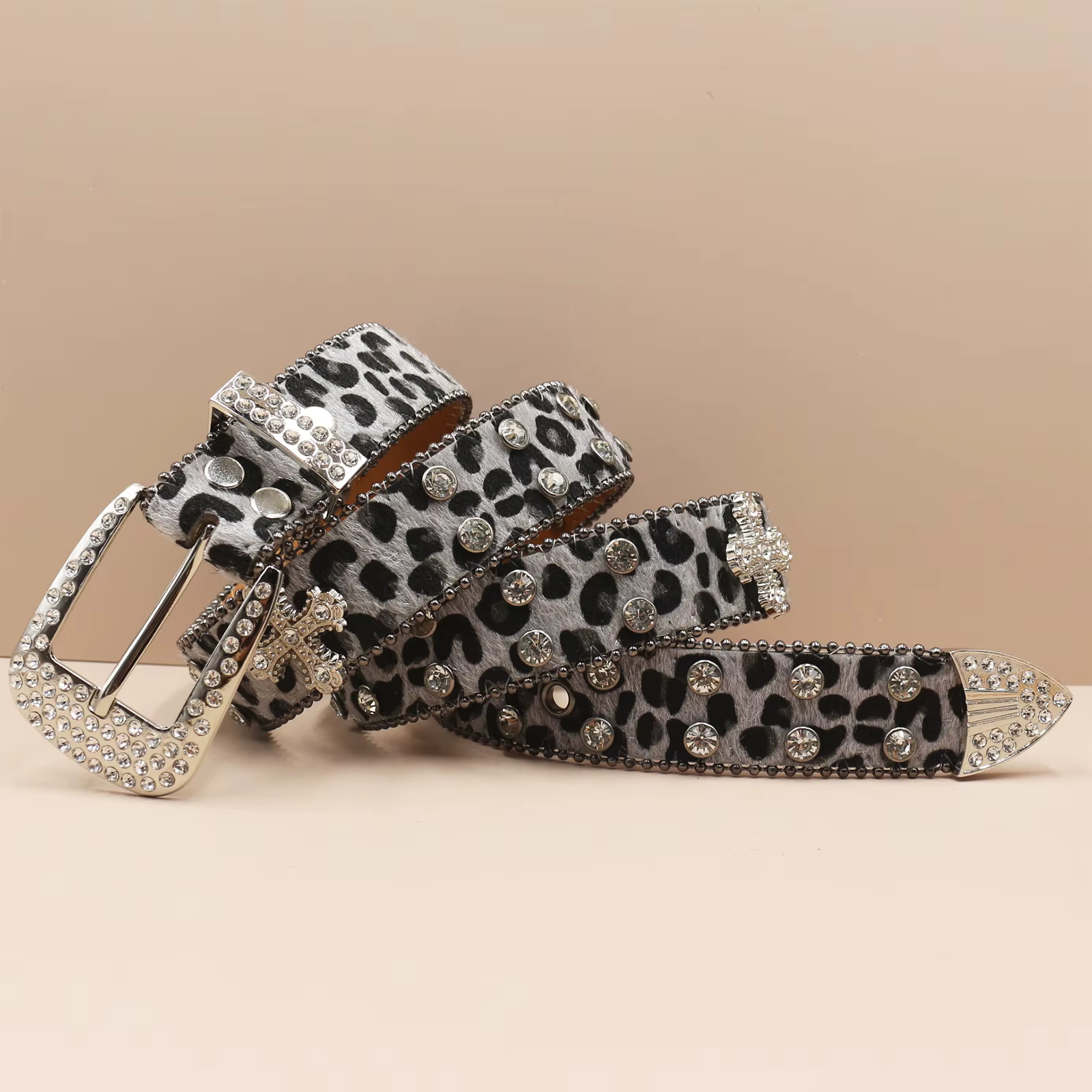 Ceinture en cuir à imprimé léopard et strass pour hommes et femmes