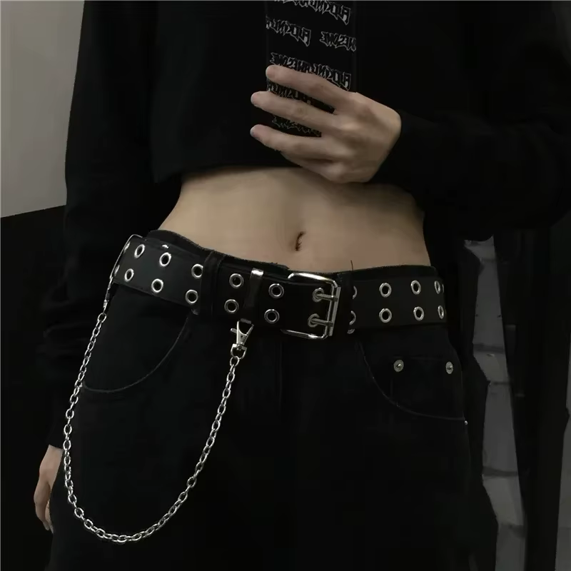 Ceinture gothique à Double anneau avec chaîne, ceinture en jean unisexe, boucle ardillon Punk, ceinture décorative, loisirs en alliage pour femmes, Double trou