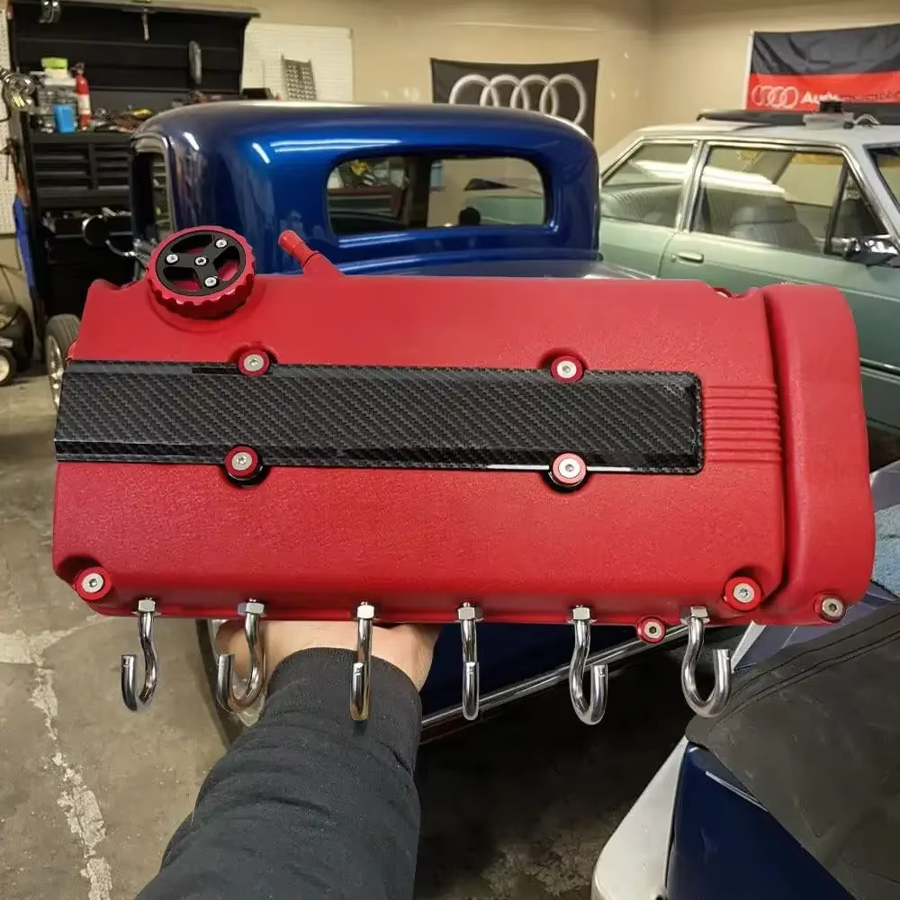 Support mural décoratif robuste pour couvercle de soupape de moteur de voiture avec 6 crochets, rouge