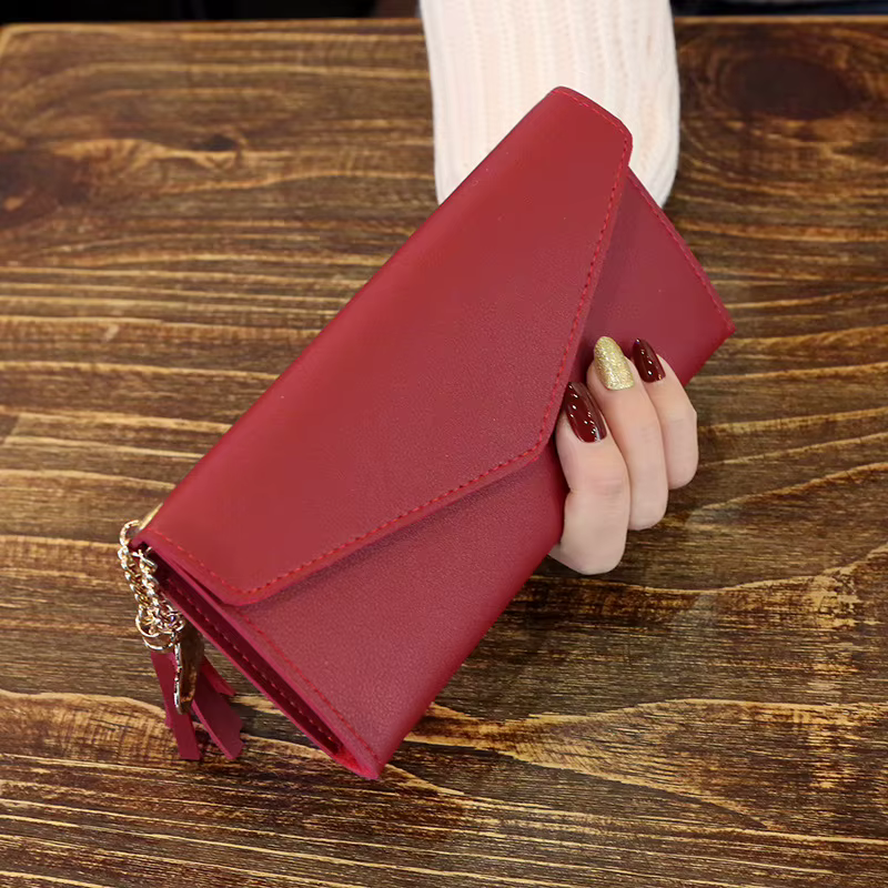 Portefeuille long élégant pour femme en cuir PU souple avec fermeture éclair simple – Noir