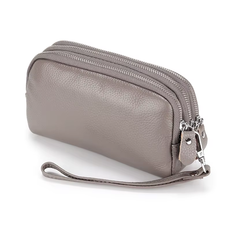 Femmes Long portefeuille en cuir véritable 3 couches fermeture éclair sac à main grande capacité bracelet pochette