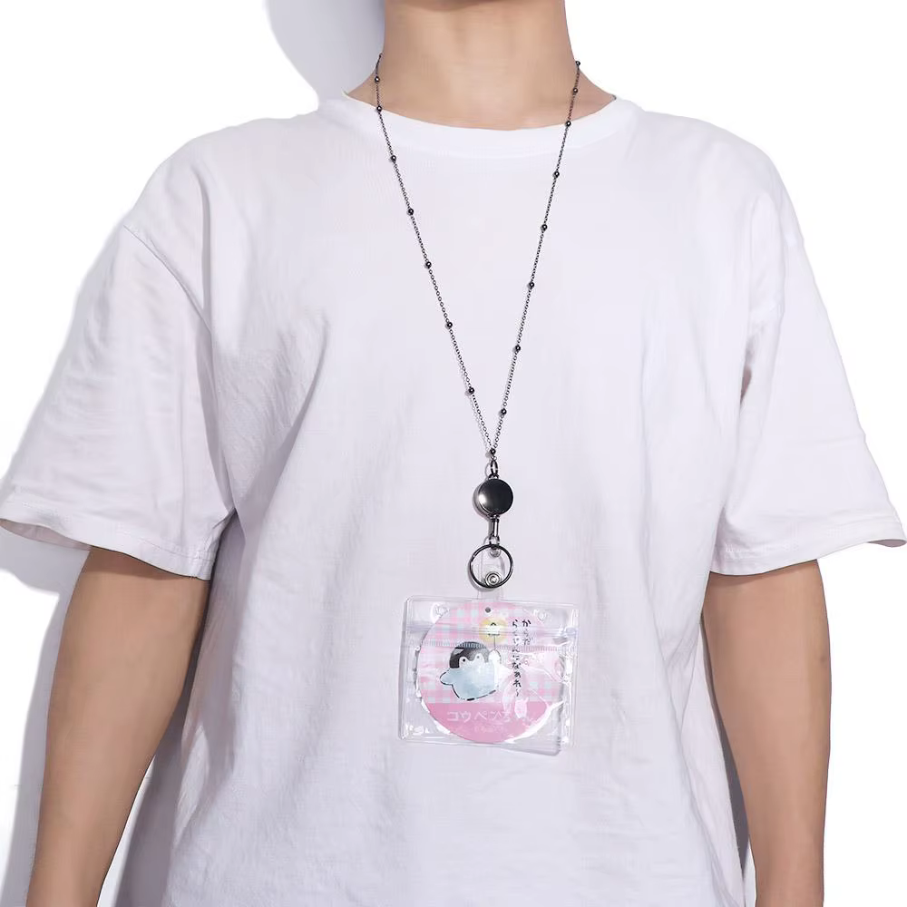 Porte-clés porte-carte d'identité en acier inoxydable, collier porte-badge avec porte-cartes d'identité, enrouleur de badge rétractable, cordon de cou DIY perlé