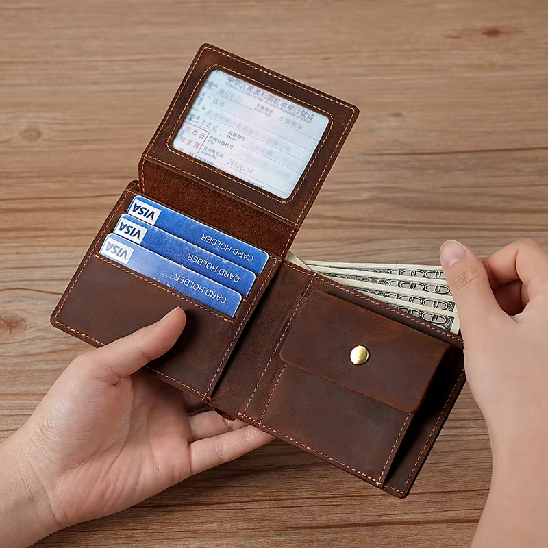 Portefeuille 100 % cuir véritable pour homme avec poche pour monnaie 9,2 x 11,3 cm