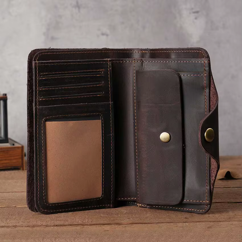 Portefeuille à rabat long en cuir vintage pour hommes avec moraillon, 100% cuir véritable, livraison directe