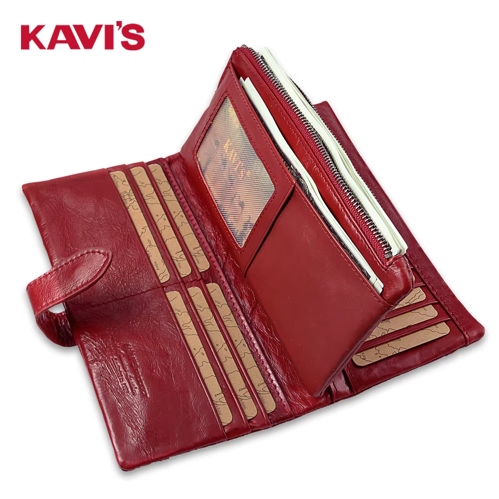 KAVIS-Portefeuille en cuir véritable pour femme, porte-monnaie unisexe, pochette longue pour femme, sacs pour téléphone portable, porte-cartes, mode