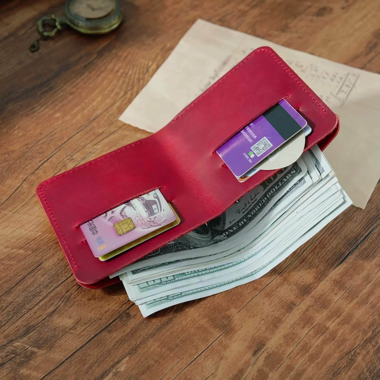 Portefeuille à deux volets en cuir véritable fait à la main