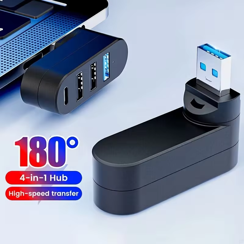 Hub USB 3.0 à 4 ports [90 ° , 180 ° Adaptateur USB rotatif, 3 ports USB et 1 port USB-C pour alimentation/données, extension USB pour ordinateurs portables, voitures
