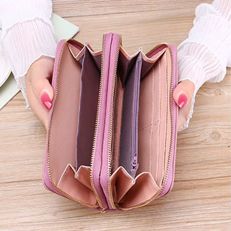 Portefeuille long en cuir PU pour femme – Pochette de luxe à double fermeture éclair avec grande capacité