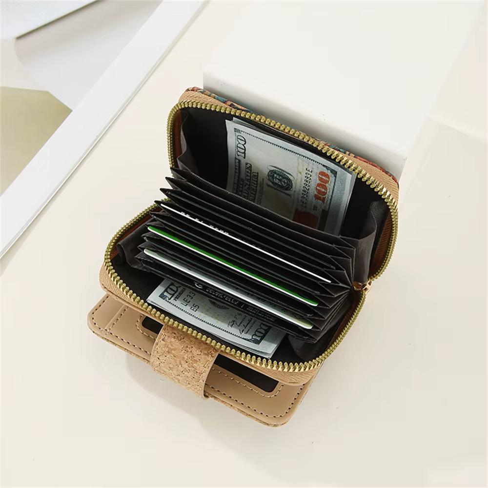 ISKYBOB Vintage imprimé liège court portefeuille pour hommes femmes Grain de bois multi-fonctionnel porte-carte Portable fermeture éclair porte-monnaie