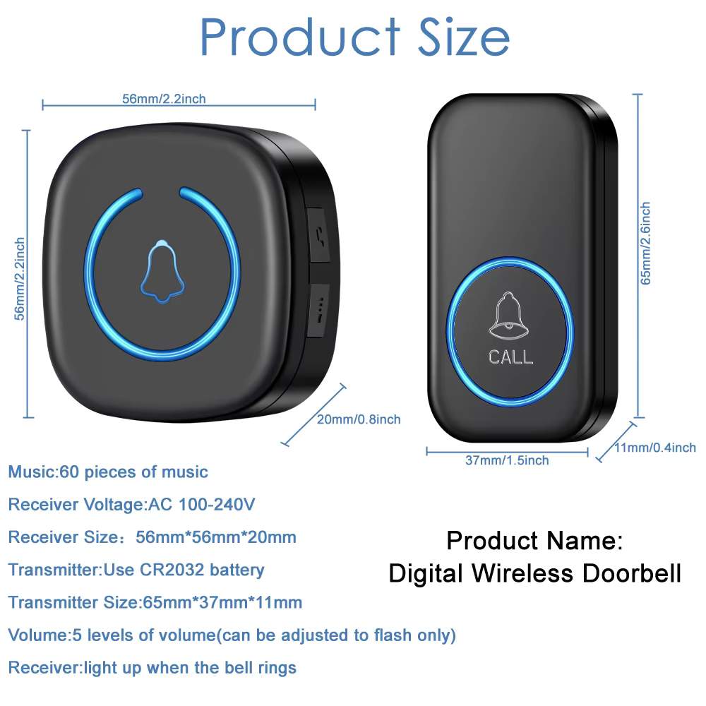 Sonnette de porte intelligente sans fil, 300M/984 pieds, télécommande 60 chansons, mélodies, sonnette intelligente pour la maison, prise US et ue en option