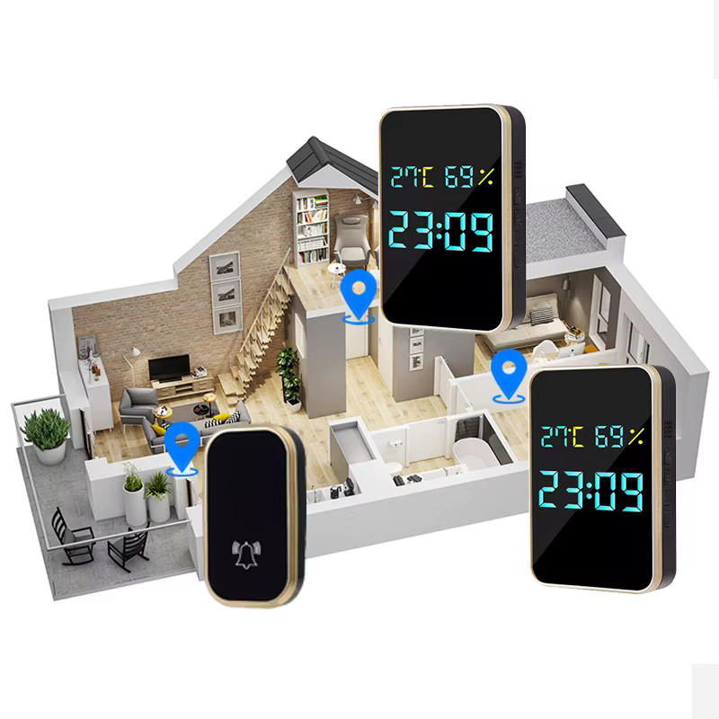 Sonnette sans fil auto-alimentée sans batterie, affichage température, humidité, heure, 433 MHz, sonnette de bienvenue pour maison et extérieur