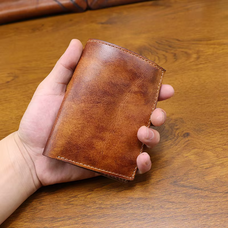 Portefeuille court rétro multicolore pour hommes, fait à la main, en cuir tanné végétal en détresse, fentes multi-cartes, porte-monnaie en cuir de vache