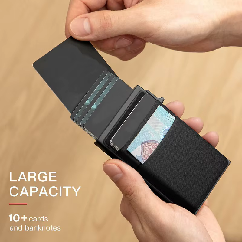 Portefeuille fin pour homme, anti-RFID, porte-cartes intelligent à ouverture automatique, étui à monnaie, petit et compact, porte-cartes d'identité et de banque, pour femme