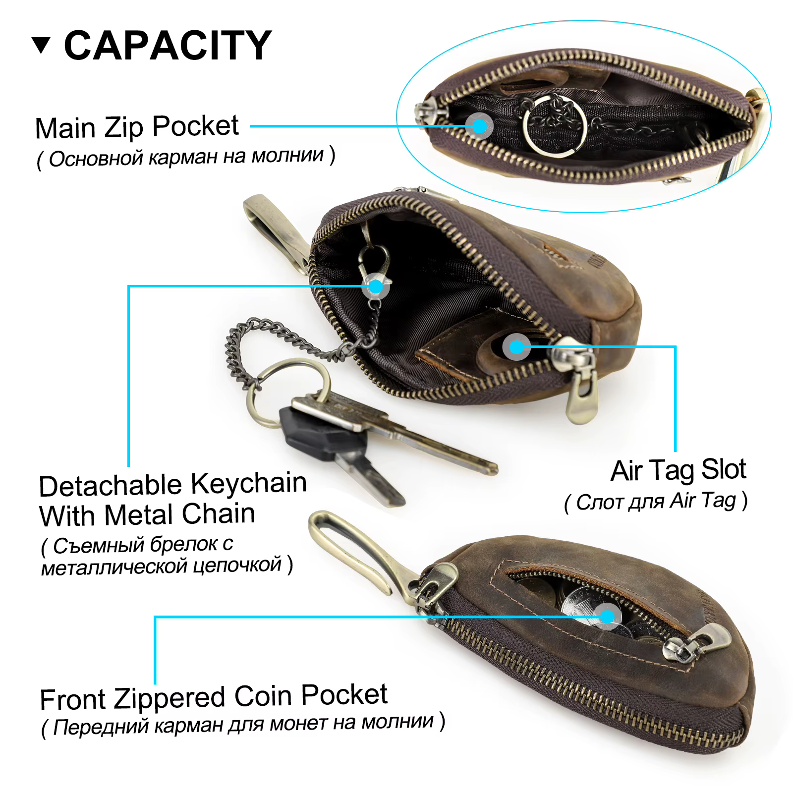 Porte-clés rétro en cuir véritable avec étui AirTag anti-perte, porte-clés zippé pour homme, organisateur de clés pour homme