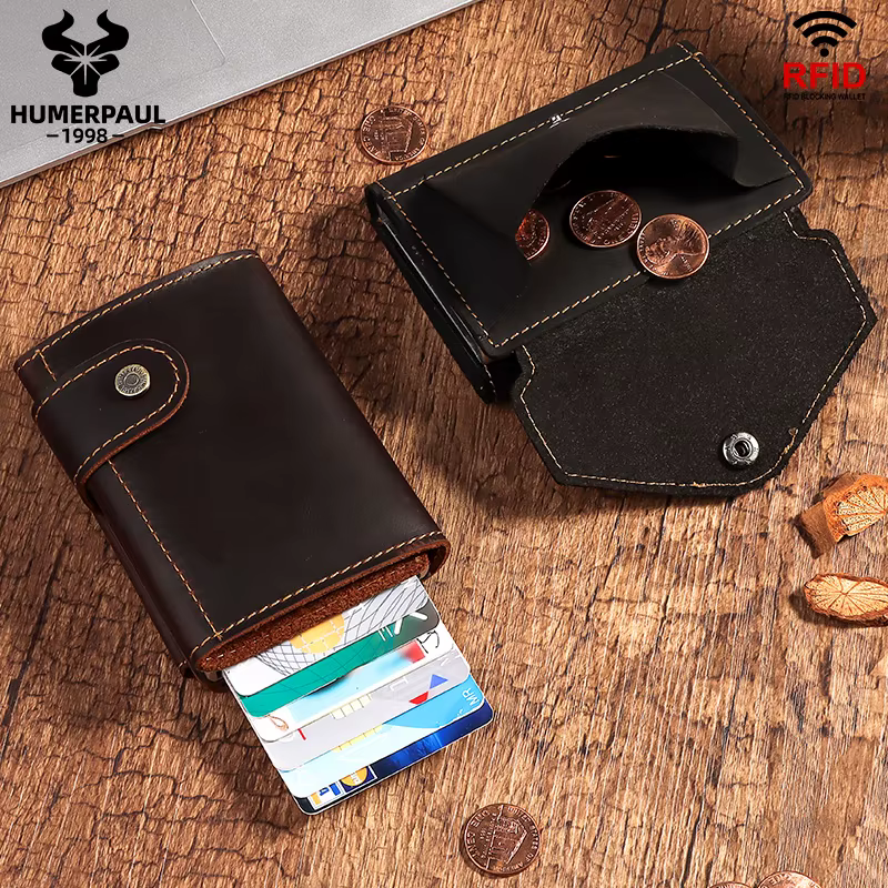HUMERPAUL peau de vache hommes d'affaires en aluminium porte-carte d'identité RFID mince portefeuille en métal fermeture éclair porte-monnaie automatique Pop Up portefeuilles intelligents