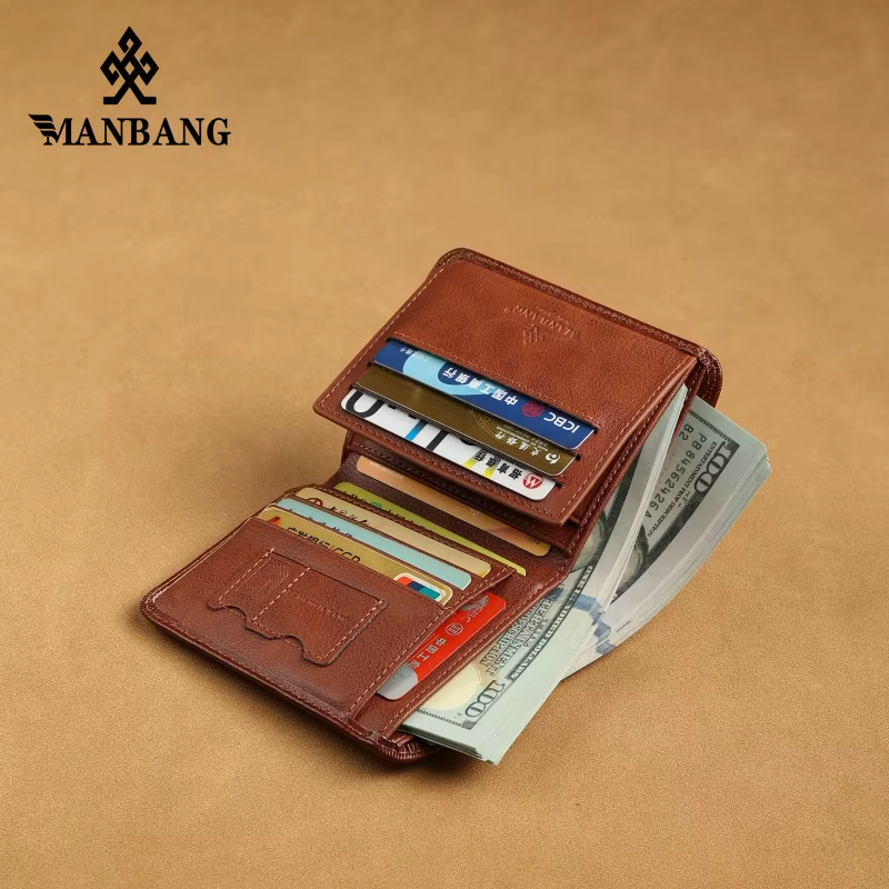 Manbang – portefeuille à trois volets en cuir véritable pour homme